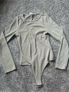 Le Lis Olive Green Long Sleeve Asymmetric Knit Bodysuit